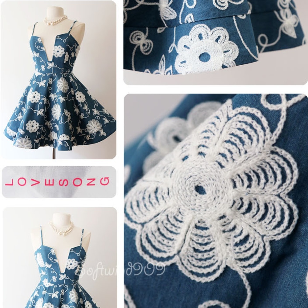 Last☝️ Blue Floral Embroidered Plunge Skater Dress - Picture 6 of 8